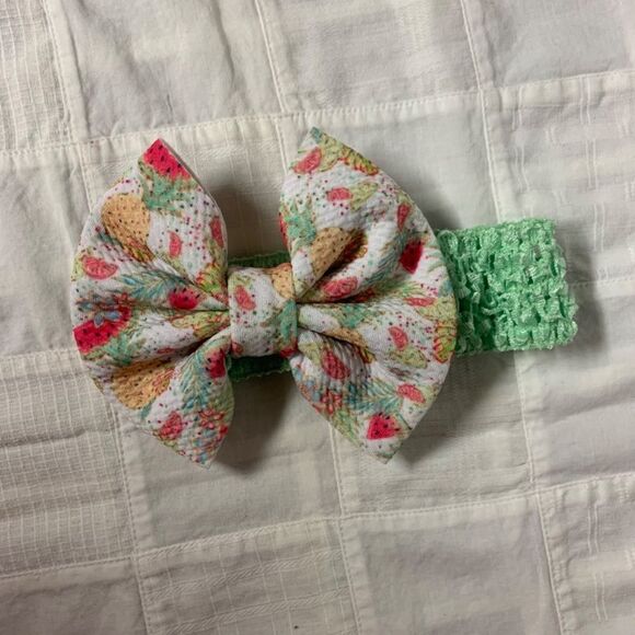 Infant Headband Mint Green Band White Watermelon PineapplesBow Size Preemie B298 - Picture 3 of 9